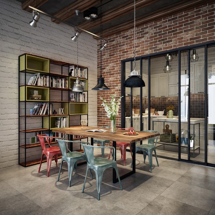 Dining industrial style room design table chairs designing