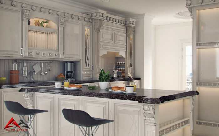 Dapur klasik dengan kabinet kaca