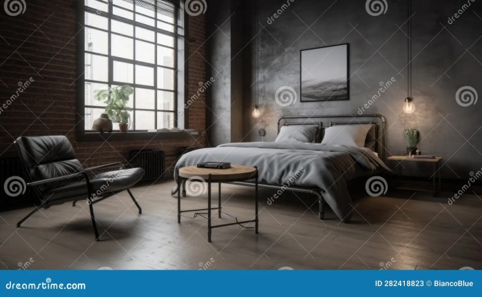 Industrial bedroom with minimalist furniture