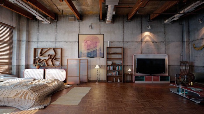 Industrial bedroom design with metal furniture